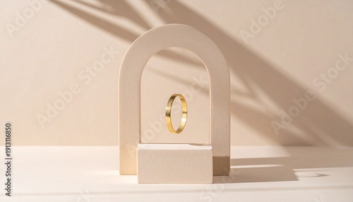 Minimalist Archway with Golden Object Display.