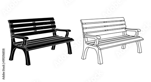 Two park benches, one wooden and one metal, side by side, simple and clean design Vector