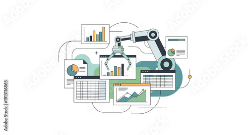 A robotic arm manipulates multiple digital screens displaying various business analytics charts graphs and data tables, Generative AI.