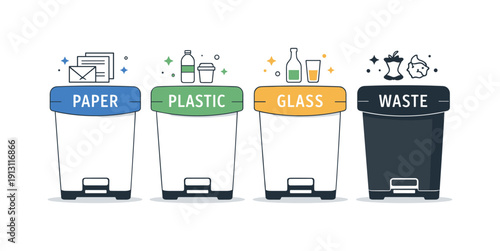Color-coded bin labels. A set of bins with different label colors and icons, showing quick visual identification and efficient sorting.