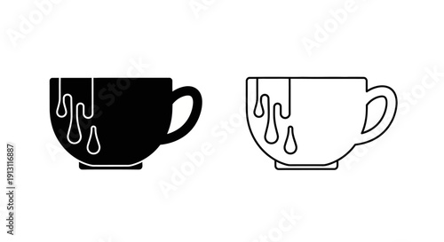 Black and white coffee cup with dripping liquid icon set, minimalist style Vector