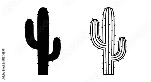 Two black and white cactus illustrations on white background Vector
