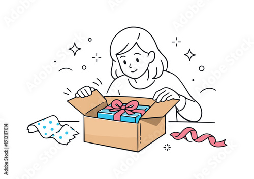 Holiday Gift Reveal. Unboxing a holiday gift. Carefully opening a mailed package to reveal a present, quiet joy and surprise. Wrapping paper, ribbon, and