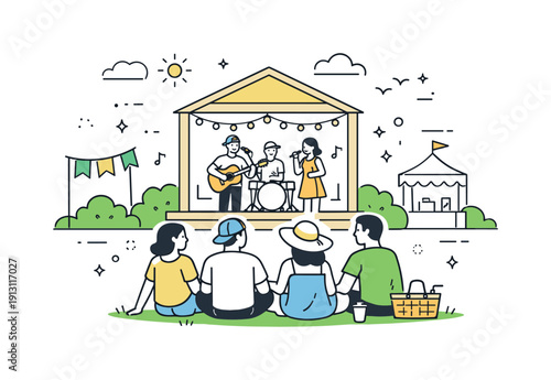 Late spring festivals. Friends watching a small open-air performance on a simple stage surrounded by greenery. Relaxed celebration