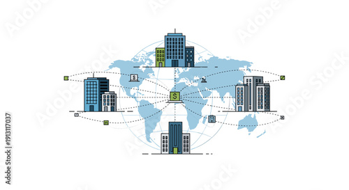 Various international business buildings are interconnected on a world map symbolizing global finance and worldwide transactions, Generative AI.