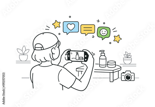 User-generated content example. A creator taking a photo of a product at home, chat bubbles and star icons gently appearing above the screen.