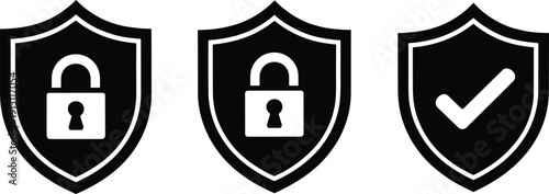 Black silhouette set of security shields with padlocks and check mark representing data protection cyber privacy safety and encrypted firewall icons