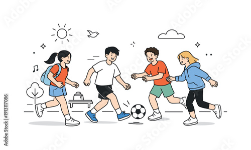 After-School Soccer Fun. After-school soccer moment. A calm editorial scene of friends playing soccer in a park, capturing movement, laughter, and connection.