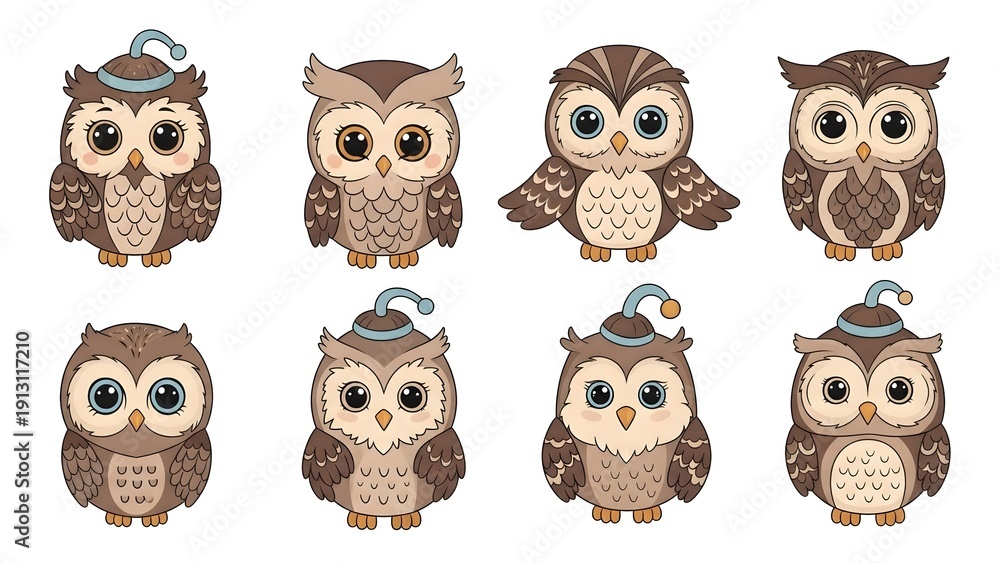 Obraz premium Eight cartoon owls in various poses and hats displayed on a white background