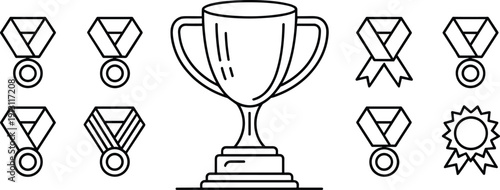 Minimalist black line art set of winner trophy cup and various medals representing achievement victory success award competition and recognition icons
