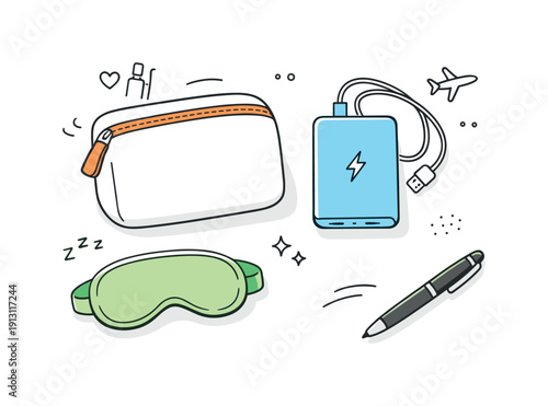 Minimalist Travel Gear. Packing flat lay scene. A soft view of travel gear like a toiletry pouch, portable charger, sleep mask, and pen placed casually yet