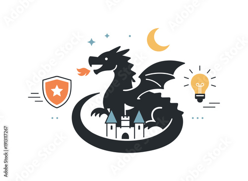 Dragon symbolism. A clean editorial composition where a dragon represents power, protection, and imagination through simple shapes and calm