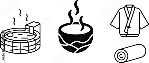 Black and white line art set of spa icons featuring hot spring onsen bath steaming tea cup kimono and towel roll wellness concept