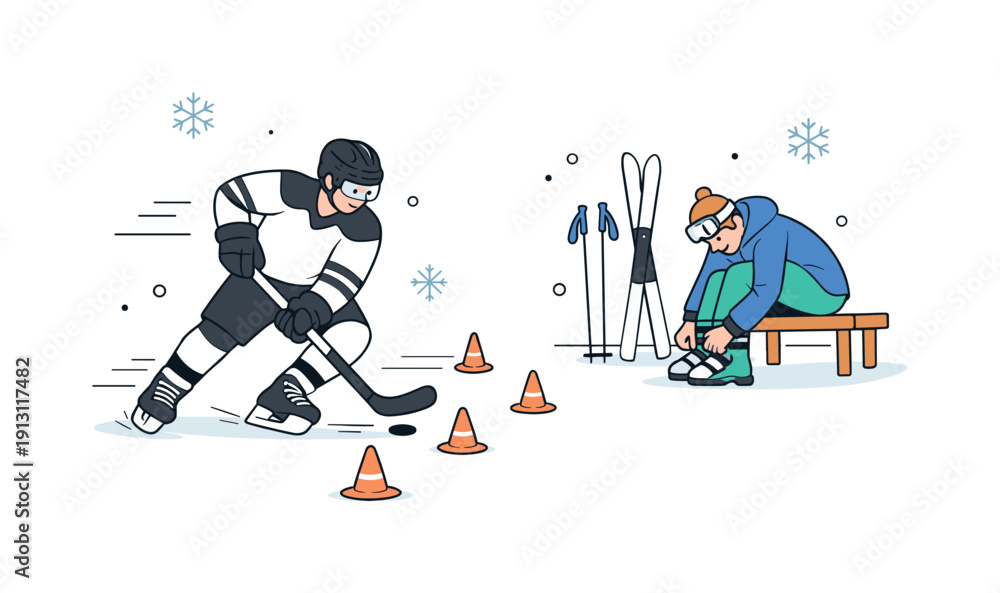 Obraz premium Winter Sports Preparation. Winter sports training. A hockey player practicing skating drills while a skier adjusts boots in the background, quiet preparation