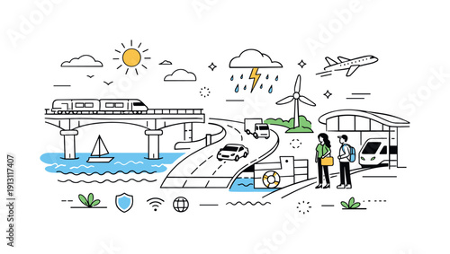 Future-ready transportation infrastructure. A calm editorial scene showing reinforced bridges, adaptable roads, and transit hubs designed for