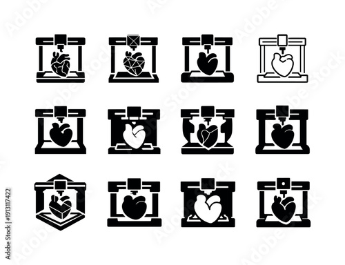 Biofabrication and 3D Printed Organs. Icon set. Set Logo of biofabrication and 3D printed organs: future medical organ symbol. harmonious
