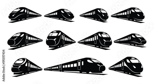 A collection of stylized black and white high speed train illustrations