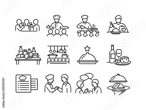 Culinary Icon Collection. Culinary experience. Line icon set of culinary experience: tasting session, chef presentation, cooking demo, food critique,
