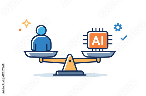 Artificial intelligence ethics a thoughtful scene where a human figure and a simple AI symbol are balanced on equal scales, expressing