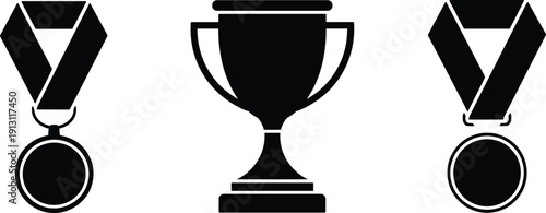 Black silhouette set of winner trophy cup and sports medals representing achievement victory success award and competition recognition icons on white background