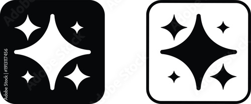 Black and white sparkle star icons in rounded squares representing premium quality new features magic shine and artificial intelligence interface elements