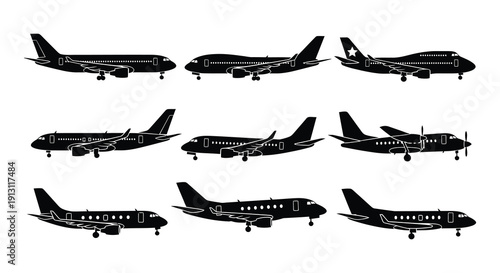 Silhouettes of commercial airplanes in various flight perspectives