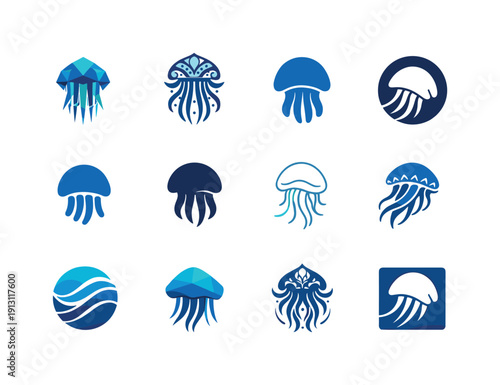 Ocean biodiversity. Icon set. Set Logo of Ocean biodiversity: jellyfish. harmonious logo variations of the same emblematic concept, each with