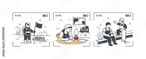 Moments frozen in time. Simplified historical scenes shown through camera frames, emphasizing human presence and resilience. Reflective mood