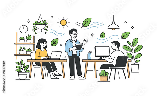 Eco-friendly workplace concepts. Employees working in a bright office filled with plants, natural light, and wooden elements. Calm productive