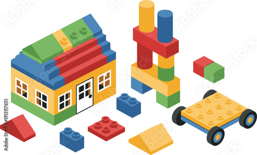 Isometric Colorful Toy Building Blocks Set with House Tower and Toy Car for Kids Education