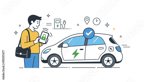 Electric car sharing system. A person unlocking a shared electric car with a smartphone, simple and modern. The scene reflects accessibility