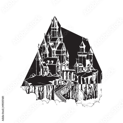 Whimsical Medieval Fantasy Castle in the Clouds Vintage Engraving Illustration