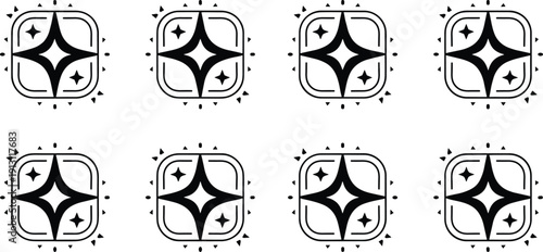 Black line art set of sparkle and star icons in rounded squares representing quality brilliance magic and premium features design elements
