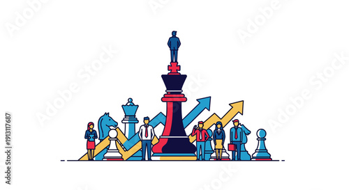 Business professionals stand around a towering king chess piece surrounded by other chess figures and upward-pointing growth arrows, Generative AI.
