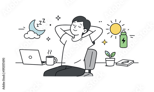Staying productive with breaks. Calm editorial scene of a remote worker stretching or taking a short break, with simple icons for rest and