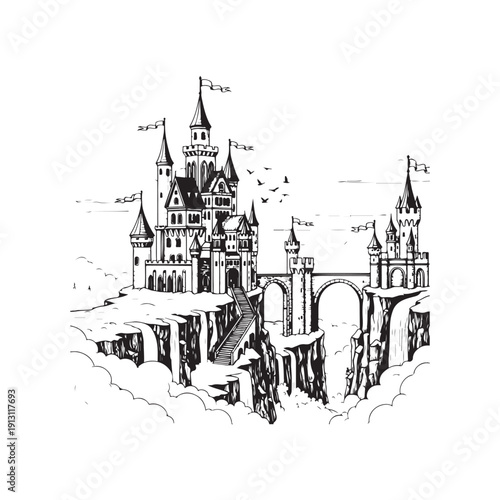 Whimsical Medieval Fantasy Castle in the Clouds Vintage Engraving Illustration