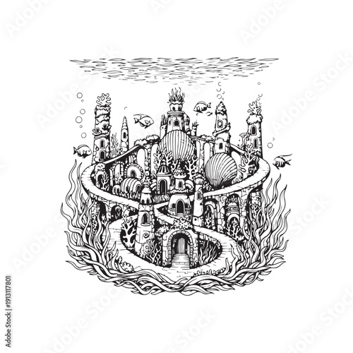 Underwater Fantasy Kingdom and Lost City Atlantis Vintage Engraving Illustration