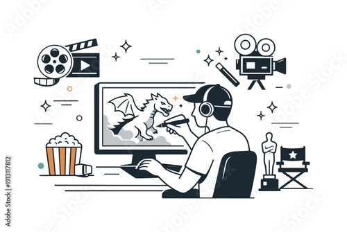 Digital movie magic. A creative professional using a stylus or mouse to sculpt visual effects on screen, surrounded by simple cinematic