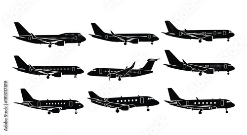 Silhouettes of commercial airplanes in various flight perspectives