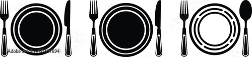 Black silhouette set of plate fork knife and spoon cutlery icons representing restaurant dining table setting catering and kitchen food service