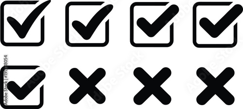 Black silhouette set of check marks and cross symbols in squares for checklist survey feedback and validation interface design elements isolated on white background