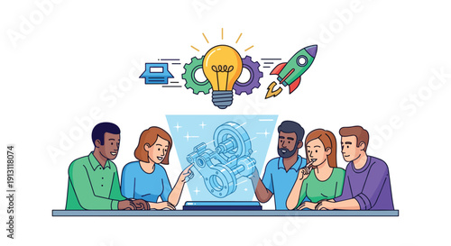 A diverse group of people observes a holographic 3D gear projection with an idea lightbulb and rocket above them, Generative AI.