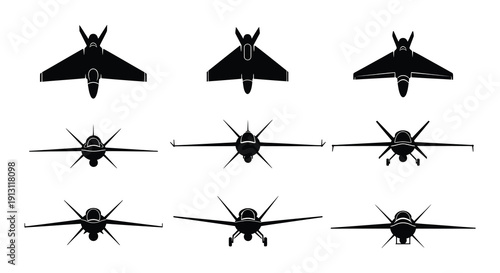 Collection of military aircraft silhouettes in a black and white arrangement