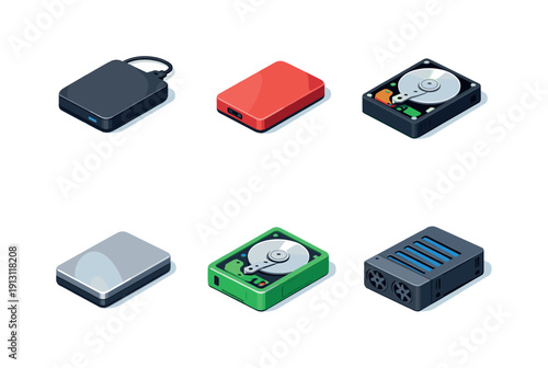    Storage hardware. Isometric flat vector icons set of storage hardware: external hard disk drive, solid state external drive, mechanical HDD