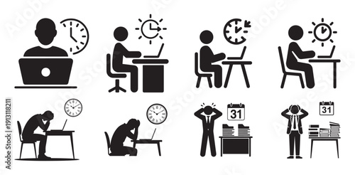 Work stress and deadline pressure icons, employee burnout silhouettes. vector illustration eps 10