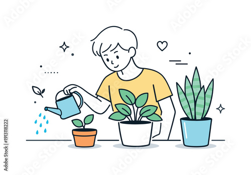 Caring for indoor plants. A person gently watering potted plants, calm and focused. Small droplets and motion lines suggest mindful daily