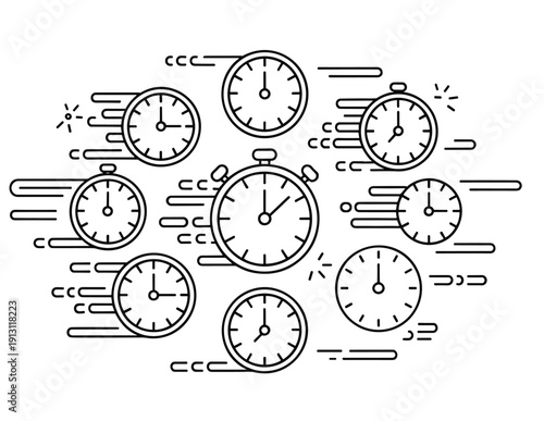 Minimalist line art illustration of multiple clocks and stopwatches with speed trails symbolizing rapid time passing productivity fast pace and busy schedule