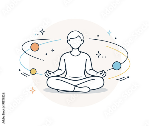 Spirituality and quantum physics. Person sitting in lotus pose inside a soft abstract circle, with quantum particles orbiting like a calm