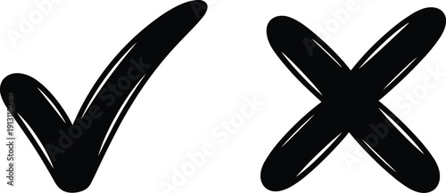 Black glossy check mark and cross symbols set representing yes or no true or false and right or wrong choice icons isolated on white background