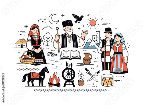 Cultural folklore scene. Traditional costumes, patterns, and objects arranged in a storytelling composition. Calm educational tone